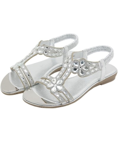 Women Summer Elastic Band Rhinestone Casual Open Toe Flat Soft Bottom Breathable Shoes Women's Slide Sandals Size 8 Silver $2...