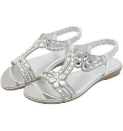 Women Summer Elastic Band Rhinestone Casual Open Toe Flat Soft Bottom Breathable Shoes Women's Slide Sandals Size 8 Silver $2...