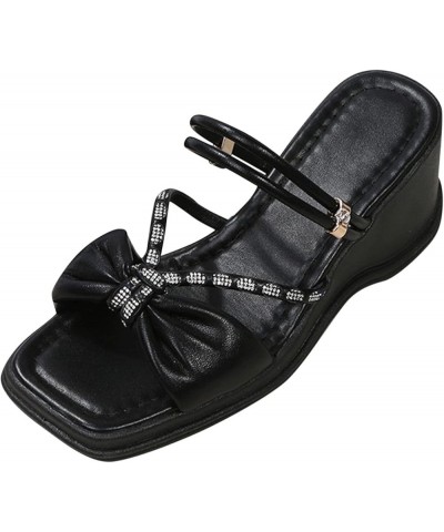 Womens Slide Sandals Fashion Spring and Summer Women Sandals Thick Bottom Rhinestone Bow Wedge Heel Open Toe Black 7 $14.06 S...