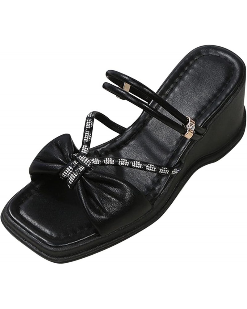 Womens Slide Sandals Fashion Spring and Summer Women Sandals Thick Bottom Rhinestone Bow Wedge Heel Open Toe Black 7 $14.06 S...