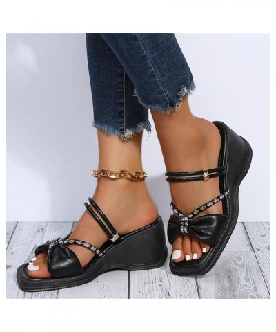 Womens Slide Sandals Fashion Spring and Summer Women Sandals Thick Bottom Rhinestone Bow Wedge Heel Open Toe Black 7 $14.06 S...