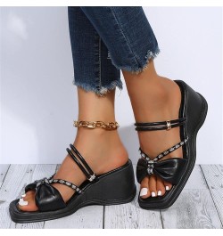 Womens Slide Sandals Fashion Spring and Summer Women Sandals Thick Bottom Rhinestone Bow Wedge Heel Open Toe Black 7 $14.06 S...