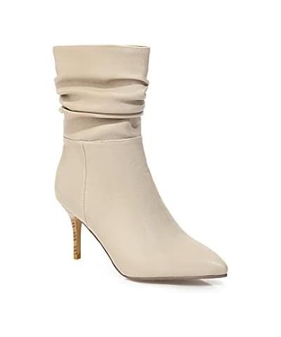 Women's High Heeled Shoes Stiletto Point Toe PU Leather Short Boots Beige $32.64 Boots