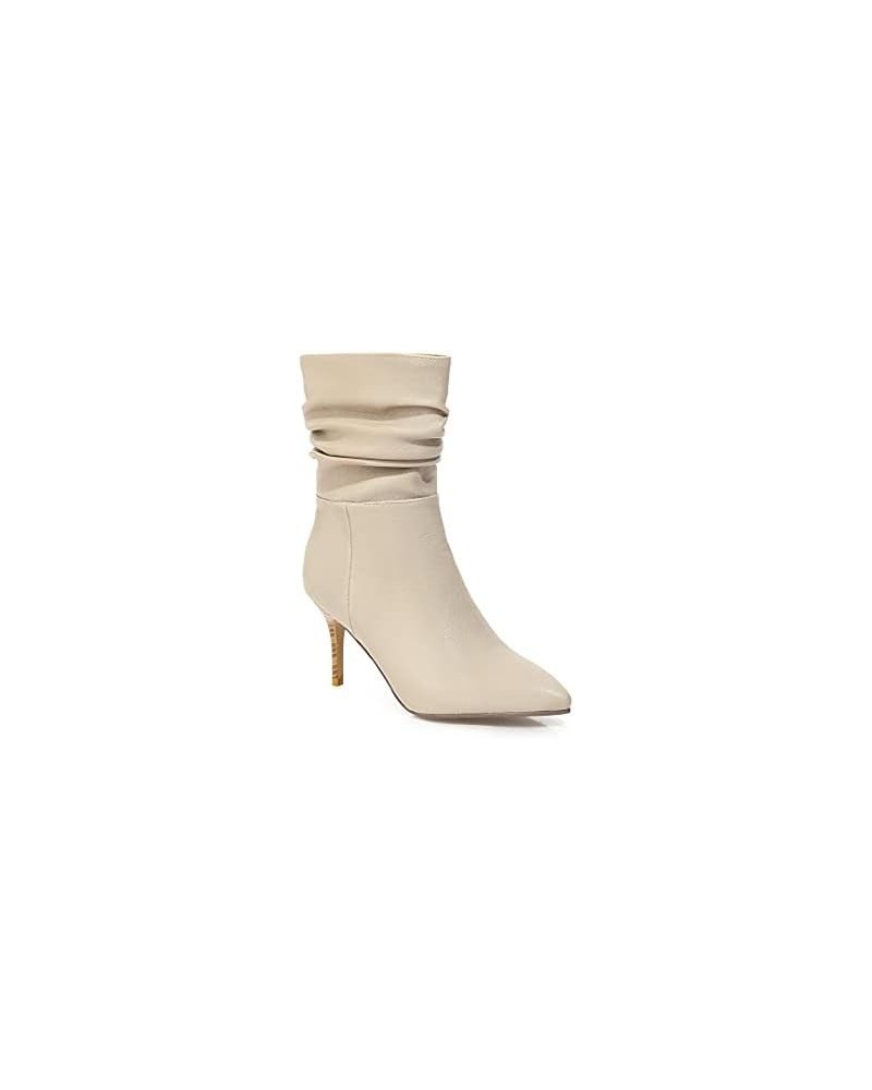 Women's High Heeled Shoes Stiletto Point Toe PU Leather Short Boots Beige $32.64 Boots