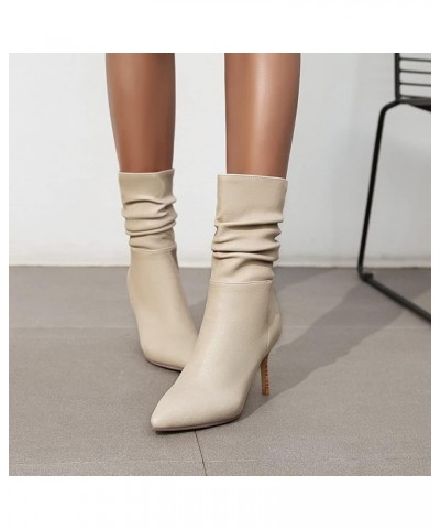 Women's High Heeled Shoes Stiletto Point Toe PU Leather Short Boots Beige $32.64 Boots