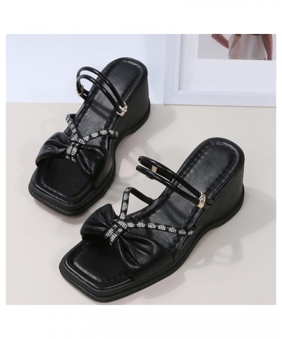 Womens Slide Sandals Fashion Spring and Summer Women Sandals Thick Bottom Rhinestone Bow Wedge Heel Open Toe Black 7 $14.06 S...