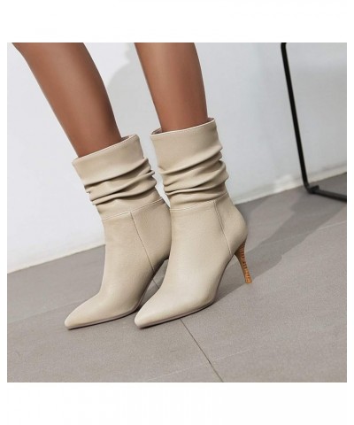 Women's High Heeled Shoes Stiletto Point Toe PU Leather Short Boots Beige $32.64 Boots