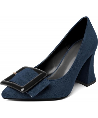 Womens Chunky Heels Pointed Toe High Block Heels Pumps Slip-on Big Buckle Closed Toe 3.5 Inch Dress Shoes Suede Navy $39.74 P...