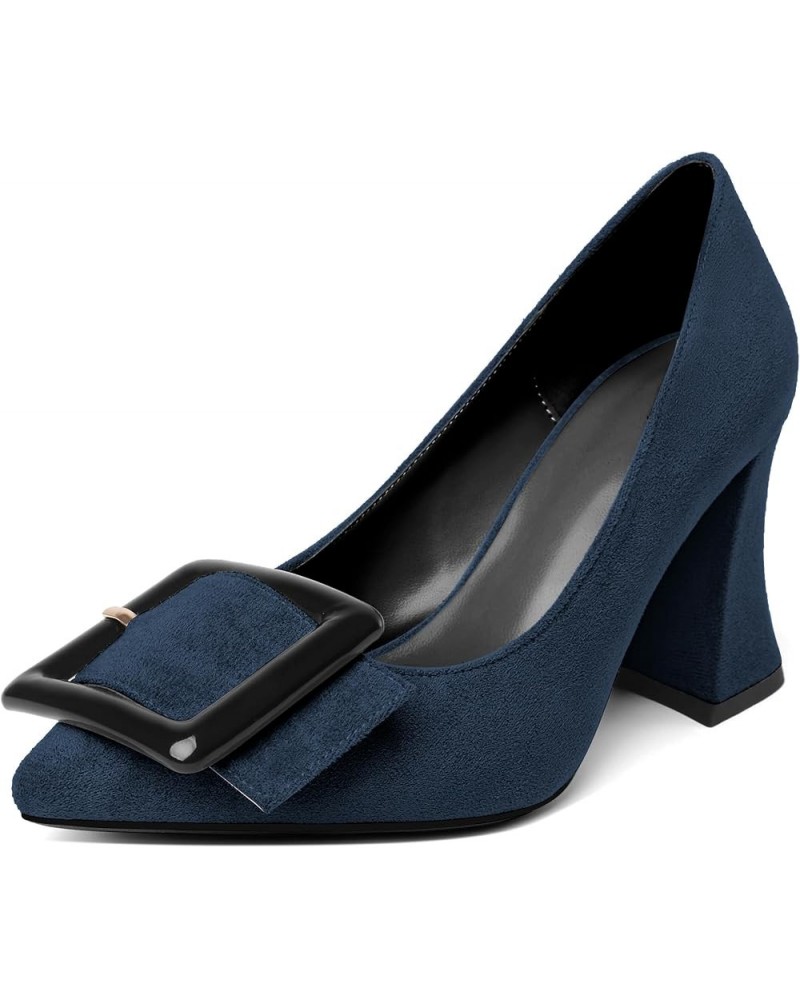 Womens Chunky Heels Pointed Toe High Block Heels Pumps Slip-on Big Buckle Closed Toe 3.5 Inch Dress Shoes Suede Navy $39.74 P...