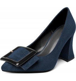 Womens Chunky Heels Pointed Toe High Block Heels Pumps Slip-on Big Buckle Closed Toe 3.5 Inch Dress Shoes Suede Navy $39.74 P...