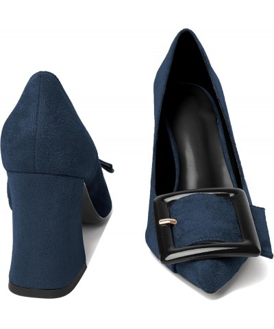 Womens Chunky Heels Pointed Toe High Block Heels Pumps Slip-on Big Buckle Closed Toe 3.5 Inch Dress Shoes Suede Navy $39.74 P...