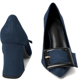 Womens Chunky Heels Pointed Toe High Block Heels Pumps Slip-on Big Buckle Closed Toe 3.5 Inch Dress Shoes Suede Navy $39.74 P...