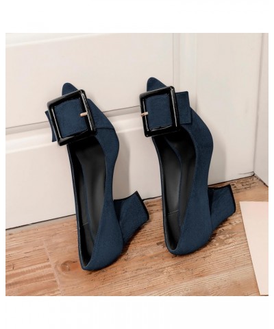 Womens Chunky Heels Pointed Toe High Block Heels Pumps Slip-on Big Buckle Closed Toe 3.5 Inch Dress Shoes Suede Navy $39.74 P...