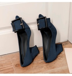 Womens Chunky Heels Pointed Toe High Block Heels Pumps Slip-on Big Buckle Closed Toe 3.5 Inch Dress Shoes Suede Navy $39.74 P...