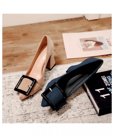 Womens Chunky Heels Pointed Toe High Block Heels Pumps Slip-on Big Buckle Closed Toe 3.5 Inch Dress Shoes Suede Navy $39.74 P...