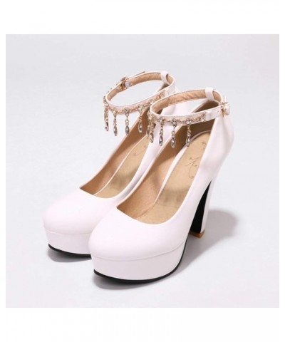 Women's 4 Inch Platform High Chunky Block Heels Pumps Round Toe Ankle Strap Office Work Dress Shoes White $32.89 Pumps