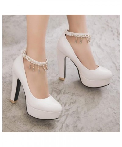 Women's 4 Inch Platform High Chunky Block Heels Pumps Round Toe Ankle Strap Office Work Dress Shoes White $32.89 Pumps