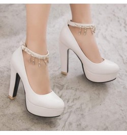 Women's 4 Inch Platform High Chunky Block Heels Pumps Round Toe Ankle Strap Office Work Dress Shoes White $32.89 Pumps