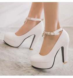 Women's 4 Inch Platform High Chunky Block Heels Pumps Round Toe Ankle Strap Office Work Dress Shoes White $32.89 Pumps