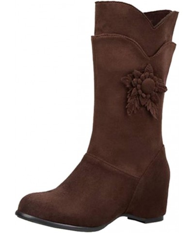 Women Mid-calf Wedge Boots Brown $31.35 Boots