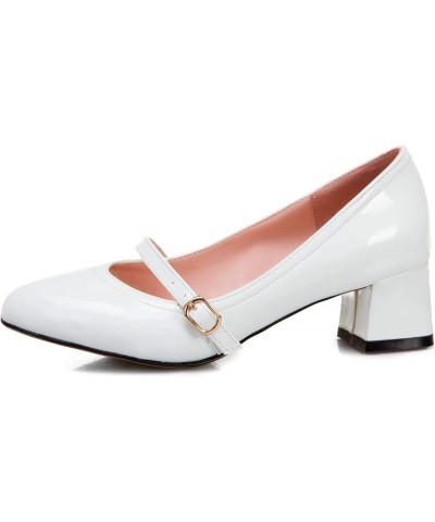 Synthetic Round Toe Buckle Pumps Medium Heel and 4.5cm Block Heel for Women Plus Size T76-52 White $19.66 Pumps