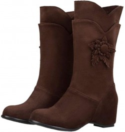 Women Mid-calf Wedge Boots Brown $31.35 Boots