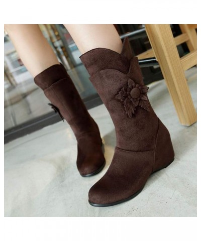 Women Mid-calf Wedge Boots Brown $31.35 Boots