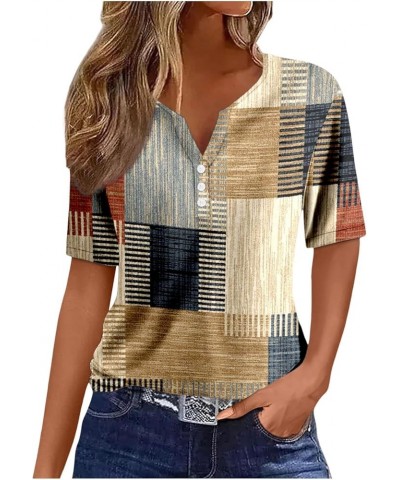 Womens Tops Neck Buttons Sexy Shirts Short Sleeve Dressy Blouses Geometric Print Sweatshirts Womens Tunic Top 2-khaki $10.99 ...