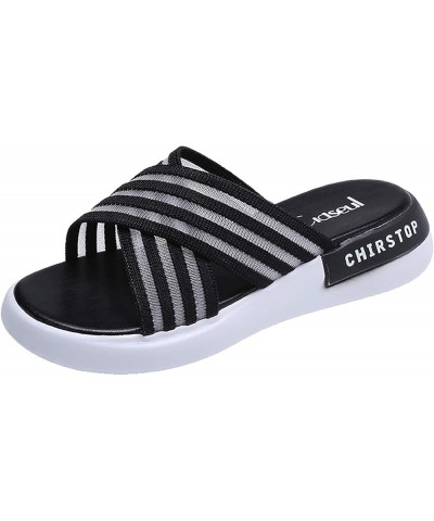 Women's Breathable Open Toe Shoes Casual Outdoor Sexy Women Beach Flip Flops Color Block Striped Flat Sandals (Black, 7.5) 8....