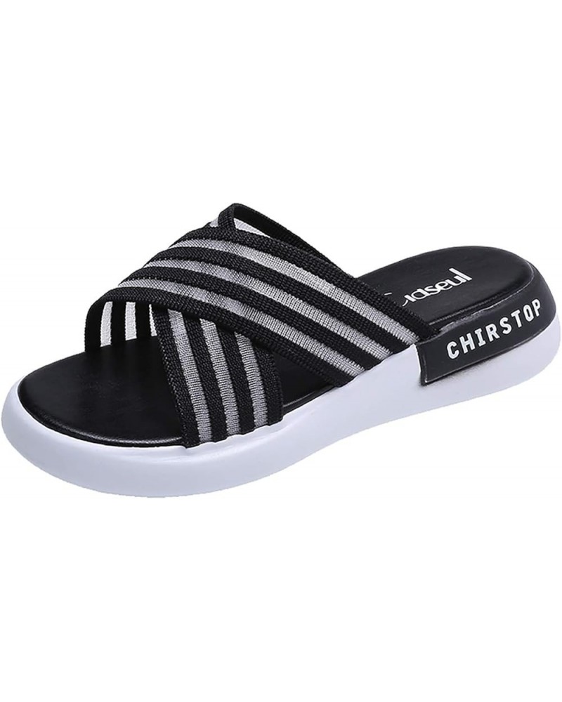 Women's Breathable Open Toe Shoes Casual Outdoor Sexy Women Beach Flip Flops Color Block Striped Flat Sandals (Black, 7.5) 8....