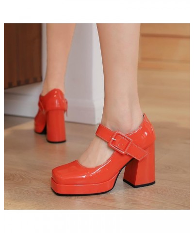 Women Square Toe Patent Chunky Heel Pumps Ankle Strap Orange $28.78 Pumps