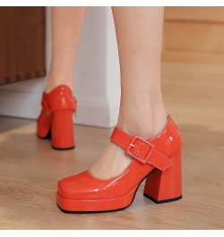 Women Square Toe Patent Chunky Heel Pumps Ankle Strap Orange $28.78 Pumps