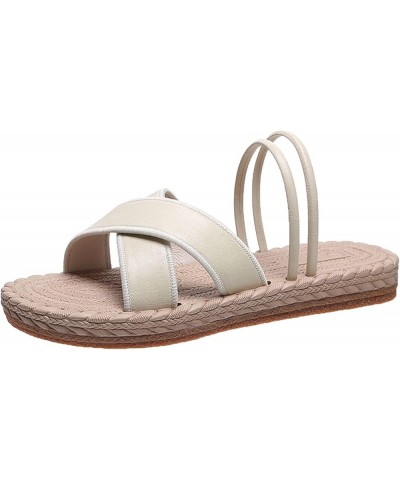 Womens Sandals Thong Ladies Fashion Solid Color Leather Strap Open Toed Straw Woven Sole Flat Sandals Beach Flip Flop Beige $...