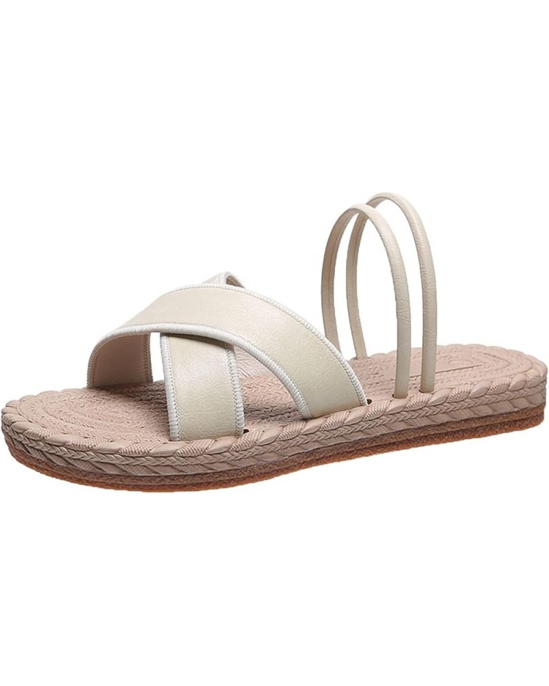 Womens Sandals Thong Ladies Fashion Solid Color Leather Strap Open Toed Straw Woven Sole Flat Sandals Beach Flip Flop Beige $...