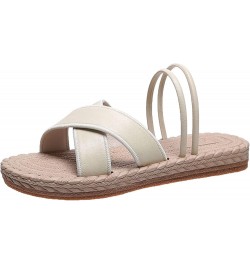 Womens Sandals Thong Ladies Fashion Solid Color Leather Strap Open Toed Straw Woven Sole Flat Sandals Beach Flip Flop Beige $...