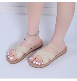 Womens Sandals Thong Ladies Fashion Solid Color Leather Strap Open Toed Straw Woven Sole Flat Sandals Beach Flip Flop Beige $...