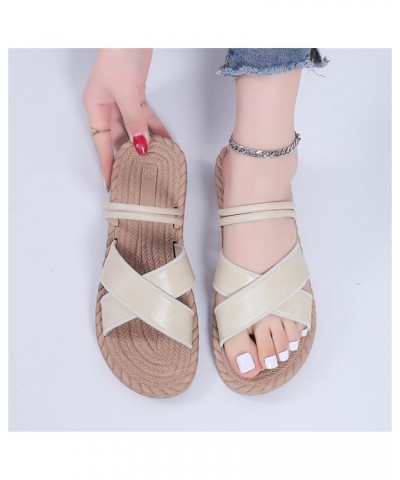 Womens Sandals Thong Ladies Fashion Solid Color Leather Strap Open Toed Straw Woven Sole Flat Sandals Beach Flip Flop Beige $...