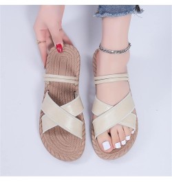 Womens Sandals Thong Ladies Fashion Solid Color Leather Strap Open Toed Straw Woven Sole Flat Sandals Beach Flip Flop Beige $...