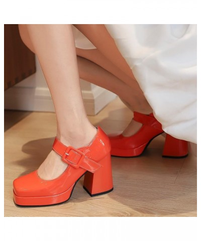 Women Square Toe Patent Chunky Heel Pumps Ankle Strap Orange $28.78 Pumps