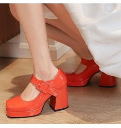 Women Square Toe Patent Chunky Heel Pumps Ankle Strap Orange $28.78 Pumps