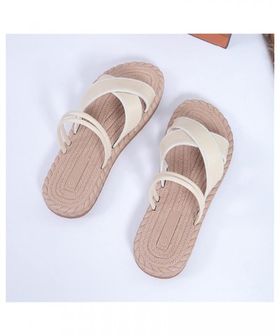 Womens Sandals Thong Ladies Fashion Solid Color Leather Strap Open Toed Straw Woven Sole Flat Sandals Beach Flip Flop Beige $...