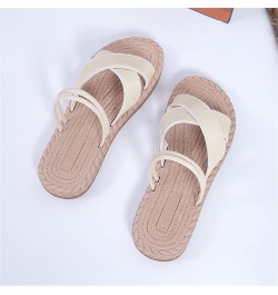 Womens Sandals Thong Ladies Fashion Solid Color Leather Strap Open Toed Straw Woven Sole Flat Sandals Beach Flip Flop Beige $...