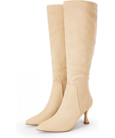 Womens Suede Knee High Boots Kitten Heel Pointed Toe Fall Fashion Comfortable Shoes with Side Zipper Beige $33.27 Boots