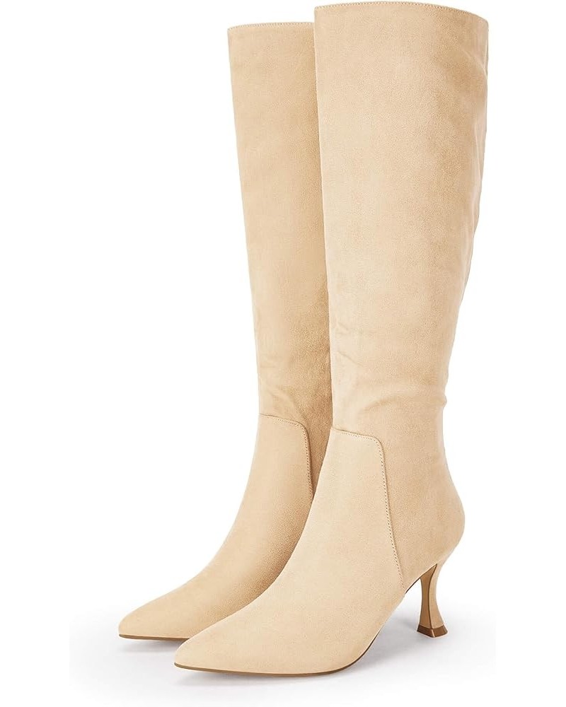 Womens Suede Knee High Boots Kitten Heel Pointed Toe Fall Fashion Comfortable Shoes with Side Zipper Beige $33.27 Boots