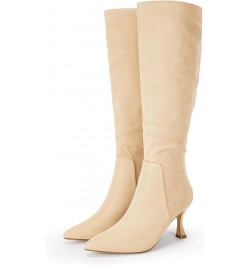 Womens Suede Knee High Boots Kitten Heel Pointed Toe Fall Fashion Comfortable Shoes with Side Zipper Beige $33.27 Boots