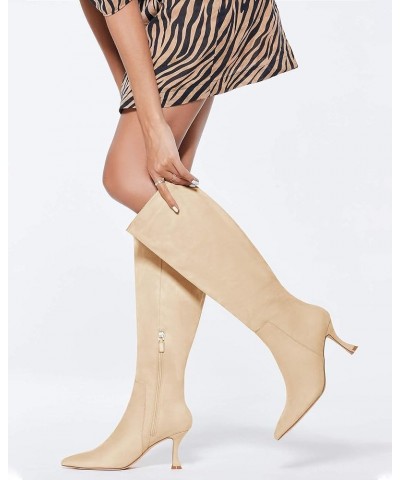 Womens Suede Knee High Boots Kitten Heel Pointed Toe Fall Fashion Comfortable Shoes with Side Zipper Beige $33.27 Boots