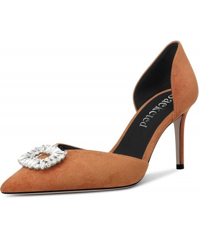 Women High Heel Pointed Toe Pumps Two-Piece Slip-on Rhinestone Crystal Casual Dress 3.2 Inches Heels Brown $35.04 Pumps