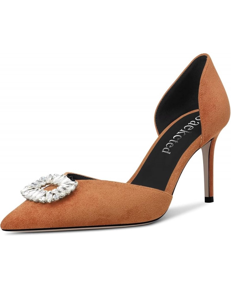 Women High Heel Pointed Toe Pumps Two-Piece Slip-on Rhinestone Crystal Casual Dress 3.2 Inches Heels Brown $35.04 Pumps