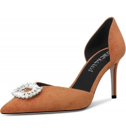 Women High Heel Pointed Toe Pumps Two-Piece Slip-on Rhinestone Crystal Casual Dress 3.2 Inches Heels Brown $35.04 Pumps