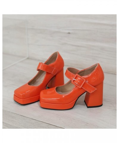 Women Square Toe Patent Chunky Heel Pumps Ankle Strap Orange $28.78 Pumps